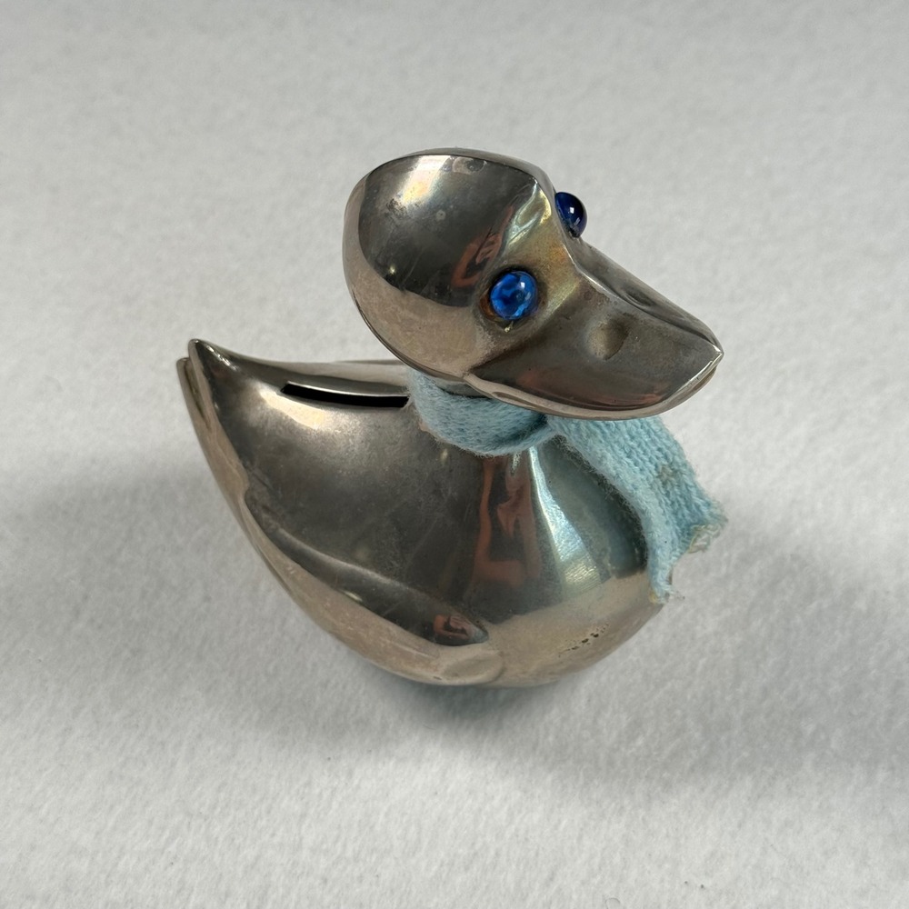 Vintage Leonard Silver Plate Duck Coin Piggy Bank Blue Eyes Scarf Hong Kong